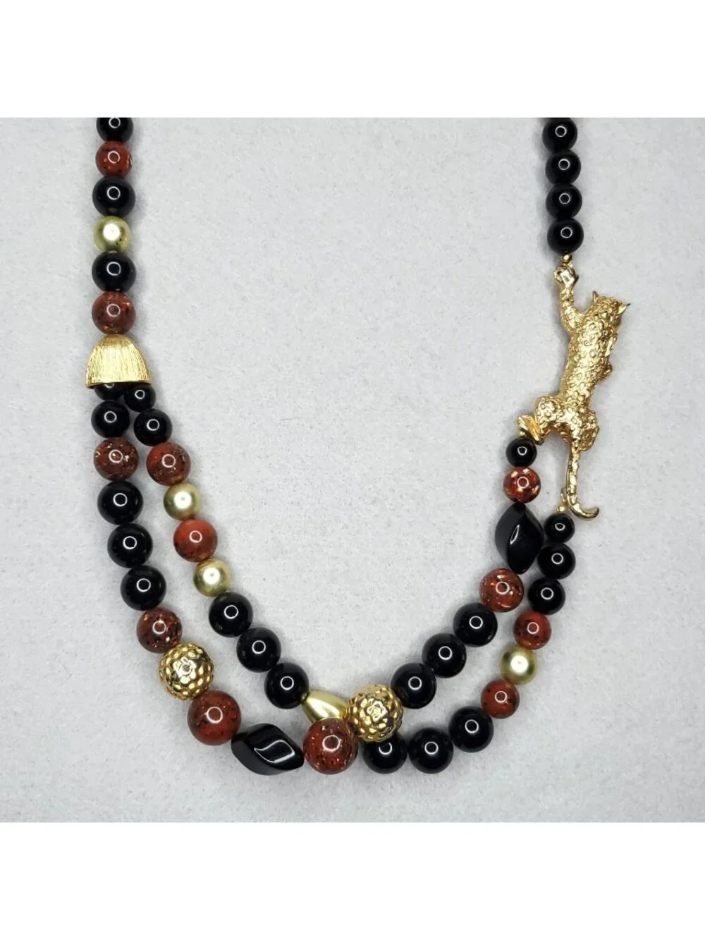 Vintage Beaded Necklace Gold Tone Leopard Black Brown 30